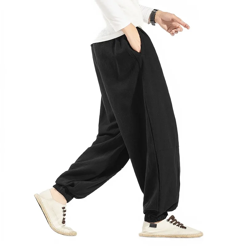 2023 חדש Chinoiserie גברים מכנסי פשתן מכנסיים טאנג חליפה רחב הרגל המכנסיים פן אבזם גדול מזדמן אופנה מגוונים צנון המכנסיים