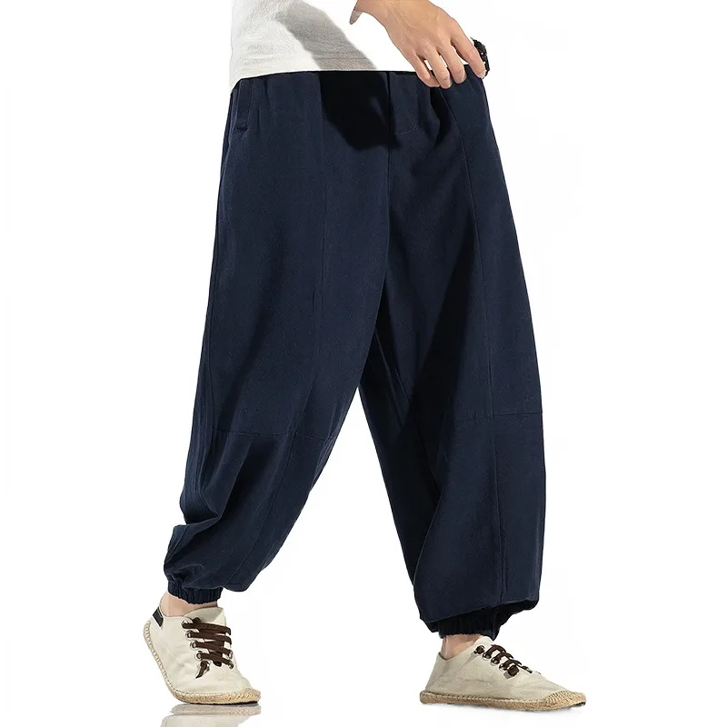 2023 חדש Chinoiserie גברים מכנסי פשתן מכנסיים טאנג חליפה רחב הרגל המכנסיים פן אבזם גדול מזדמן אופנה מגוונים צנון המכנסיים