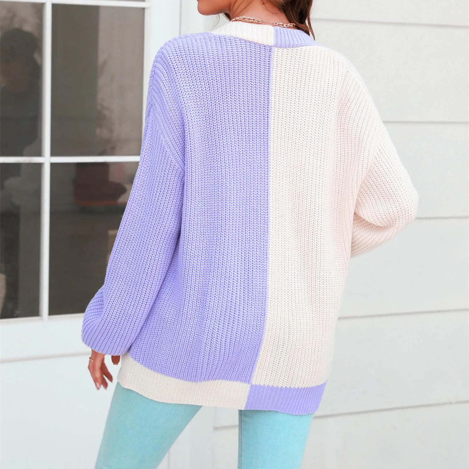 2023 סתיו נשים סוודר רופף ניגודיות צבע לסרוג סוודר אופנה גודל גדול סוודר ז ' קט שרוול ארוך מעיל