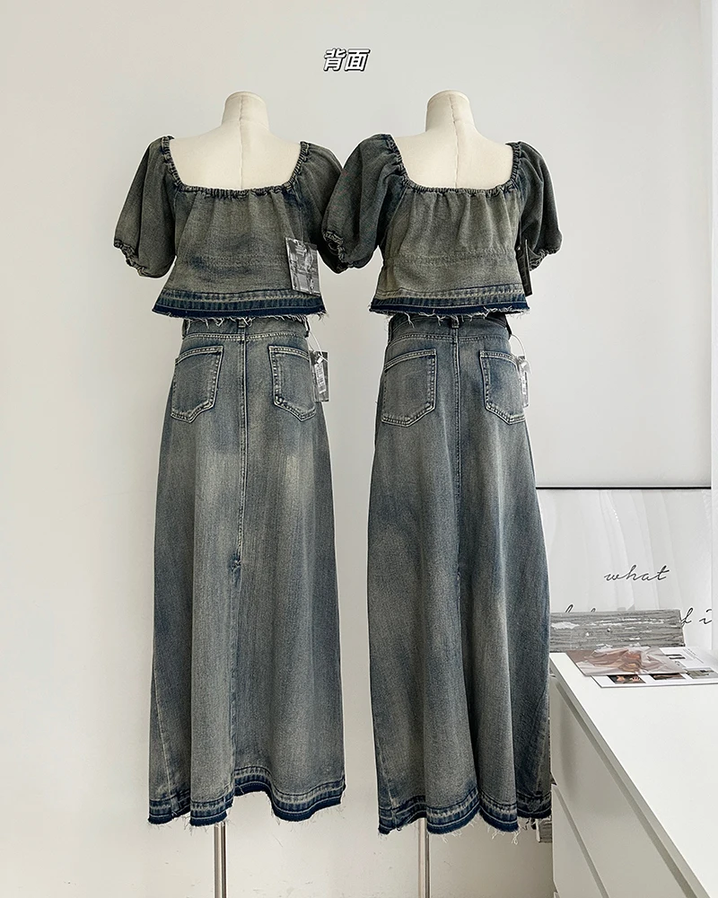 2023 קיץ קצר שרוול ג ' ינס אחד-כתף למעלה חצאית נשים הסגנון החדש גבוה מותן חצאית שני חלקים סט הלבשה עליונה אופנת רחוב