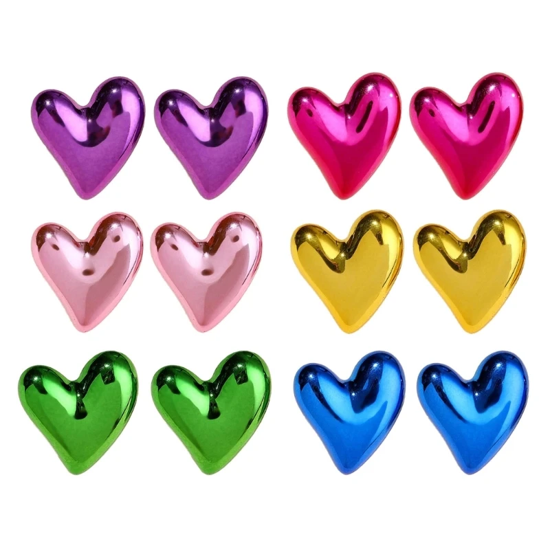 6Pair סוכריות צבעוניות בצורת לב אקריליק עגיל נשים אופנה בצבעים מתכתיים