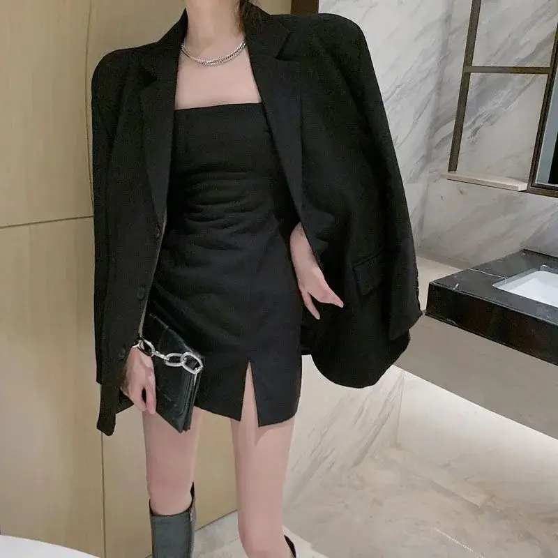Hikigawa אופנה שיק אלגנטי שרוול ארוך נשים קרדיגן + פיצול סלים כל התאמה ללא שרוולים שמלות האביב החדש 2 סט יוקרתי Mujer