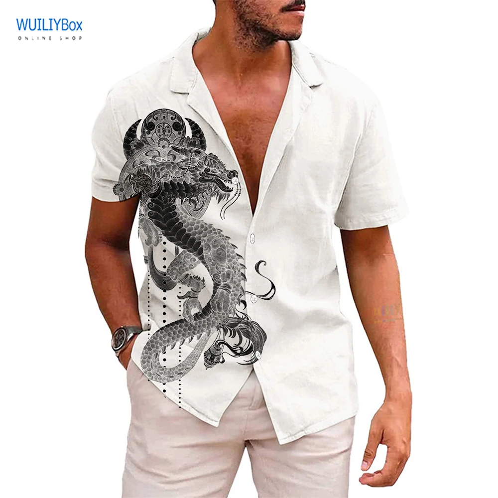 Mens הדרקון כפתור החולצה למטה הדפסת 3D חיה גרפי שרוול קצר קובני קיץ החוף הוואי חולצות לגברים תבנית וואפל העליון