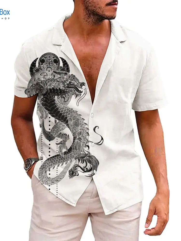 Mens הדרקון כפתור החולצה למטה הדפסת 3D חיה גרפי שרוול קצר קובני קיץ החוף הוואי חולצות לגברים תבנית וואפל העליון