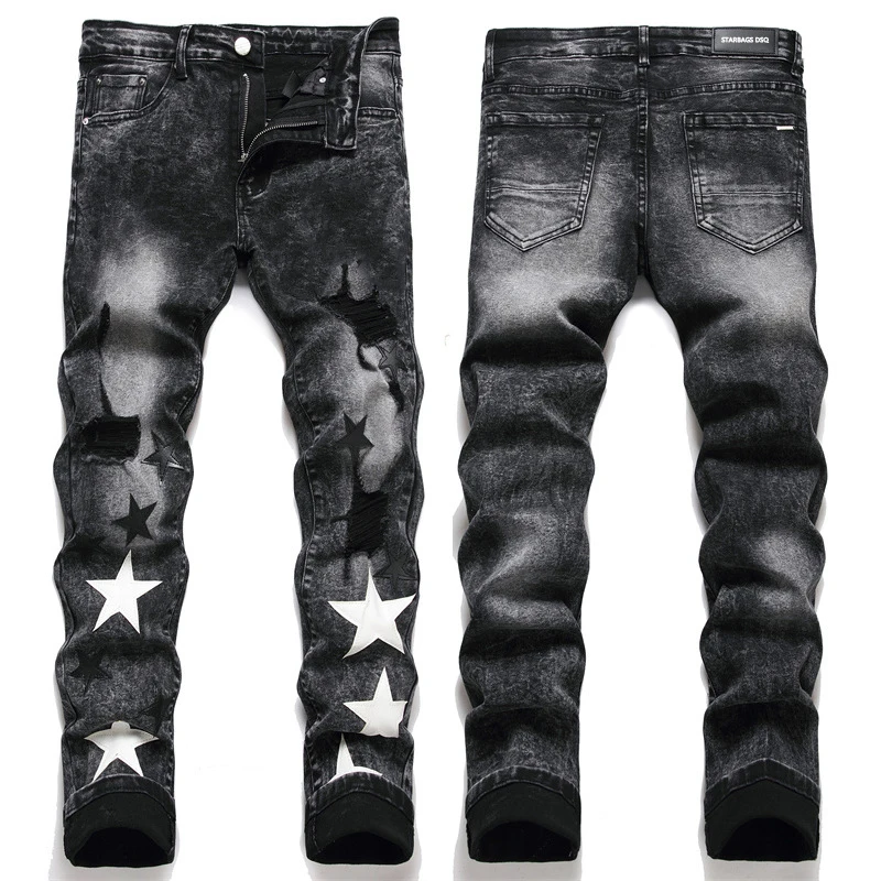 starbags dsq סלים למתוח השחור של הגברים כותנה אלסטי רקום עור תווית קרע כוכב אופנה גברים האירופי של הג ' ינס