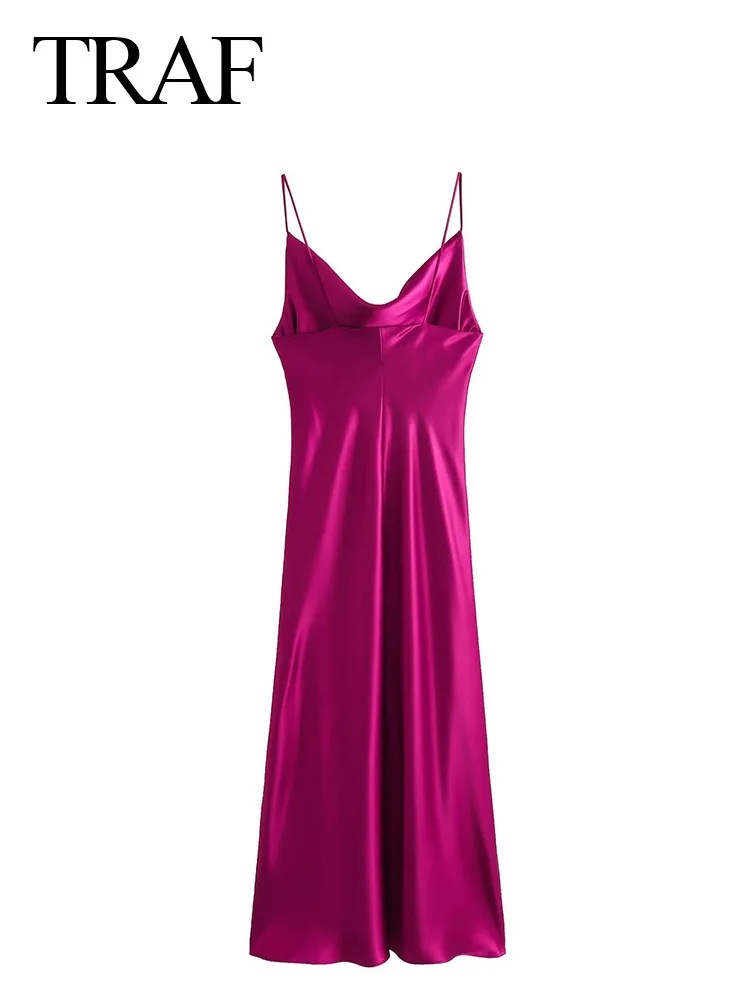 TRAF קיץ חדש נשים סאטן אופנה שמלה אדום מוצק הלבשת לילה Chemise זמן החלוק רצועת Nightdress על ערב מסיבת Mujer Vestido
