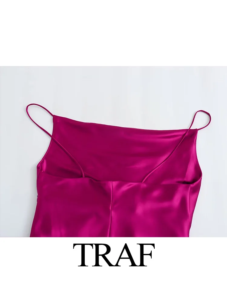 TRAF קיץ חדש נשים סאטן אופנה שמלה אדום מוצק הלבשת לילה Chemise זמן החלוק רצועת Nightdress על ערב מסיבת Mujer Vestido