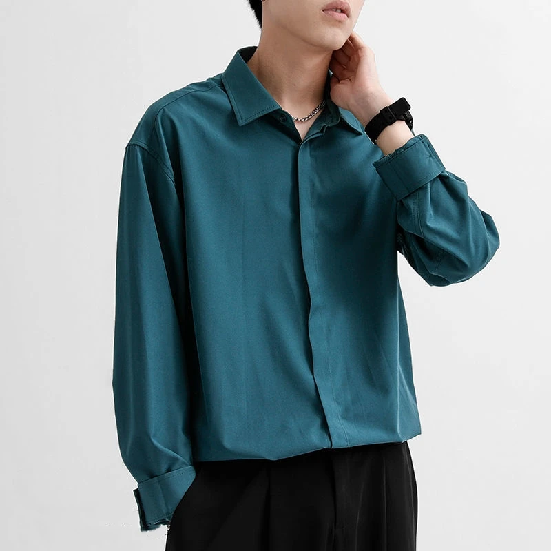 אופנה קוריאנית חדשה לובש רק חולצות לגברים מוצק צבע שרוול ארוך קרח משי מזדמנים חכם נוח לכפתר את החולצה
