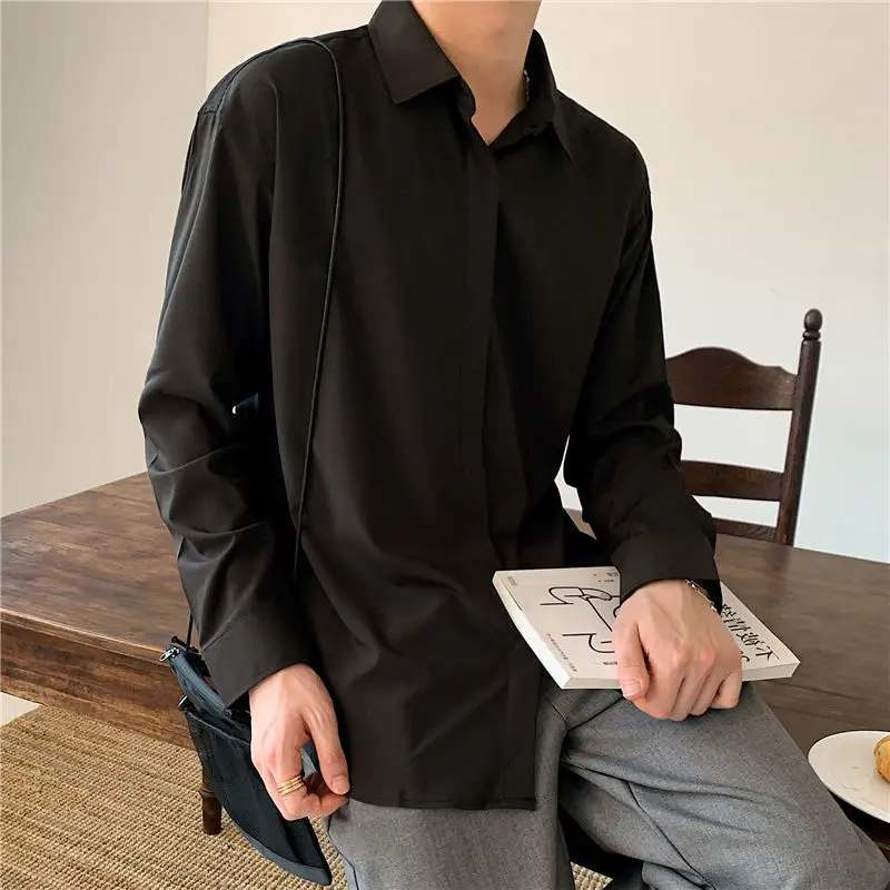 אופנה קוריאנית חדשה לובש רק חולצות לגברים מוצק צבע שרוול ארוך קרח משי מזדמנים חכם נוח לכפתר את החולצה