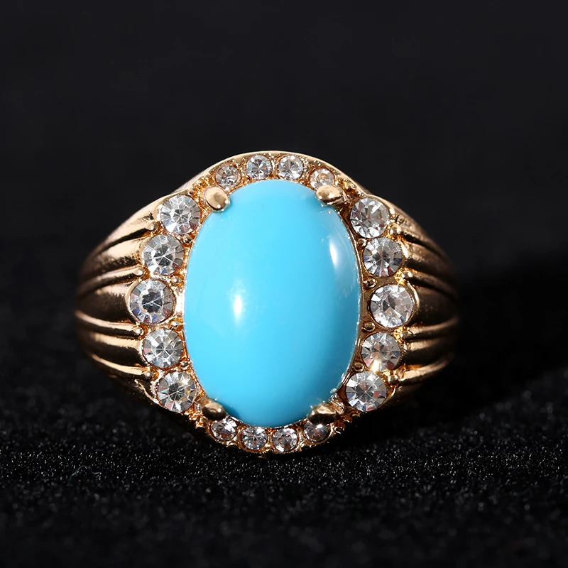 אלגנטי אליפסה כחולה אבן טבעות מעולה אופנה צבע זהב לבן משובץ אבני זירקון צד טבעת תכשיטים אופנתיים