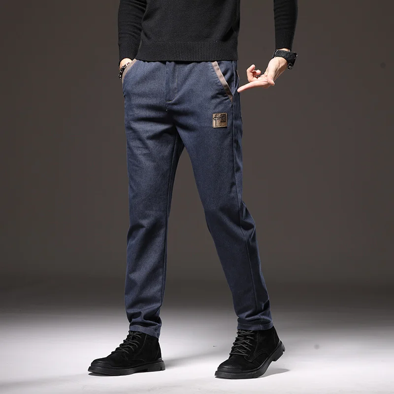 ג ' ינס רגיל Slim Fit מזדמנים מכנסיים מטענים כיסים אלסטיים מותן מעצב בגדי גברים מכנסיים קוריאה קלאסי שחור