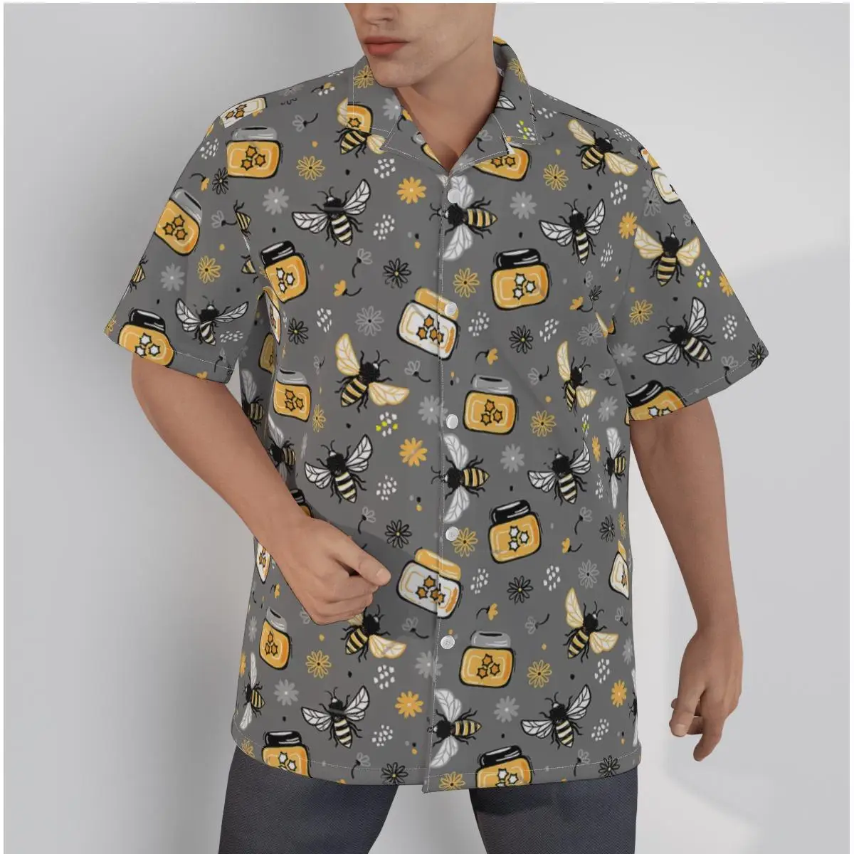 גברים חולצת הוואי קריקטורה דבורה החוף שרוול קצר בקיץ מזדמן כפתור למעלה טלאים מקסימום 3D גריי חולצות