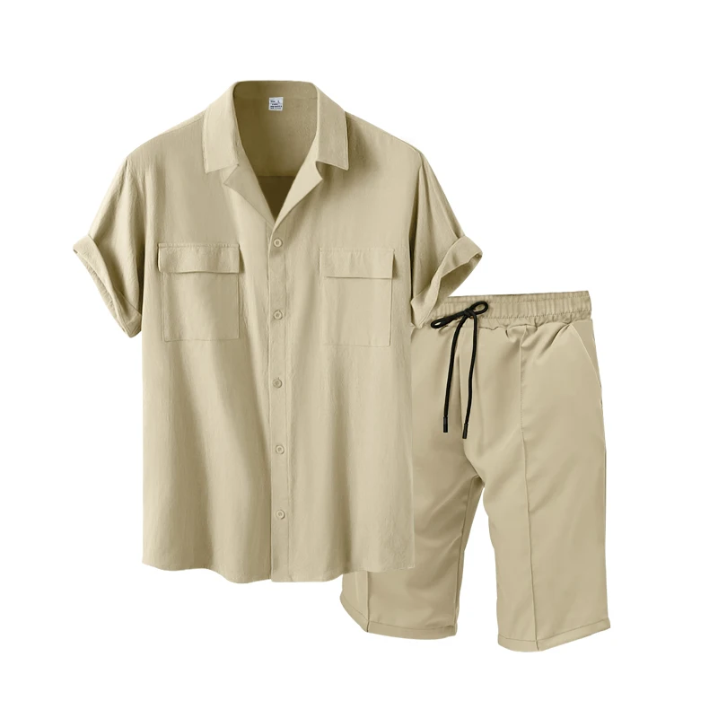גברים קוריאנים חופשי מזדמן בכיס החולצה הונג קונג בסגנון סט קיץ מוצק פשוטה קובני הצוואר חולצה+מכנסיים קצרים, שני חתיכת קבוצה