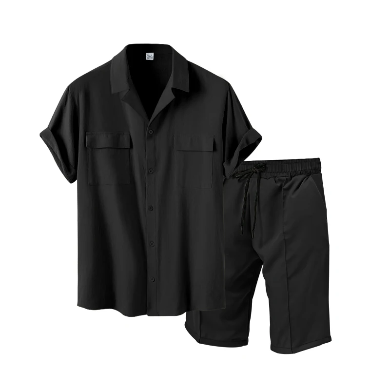 גברים קוריאנים חופשי מזדמן בכיס החולצה הונג קונג בסגנון סט קיץ מוצק פשוטה קובני הצוואר חולצה+מכנסיים קצרים, שני חתיכת קבוצה