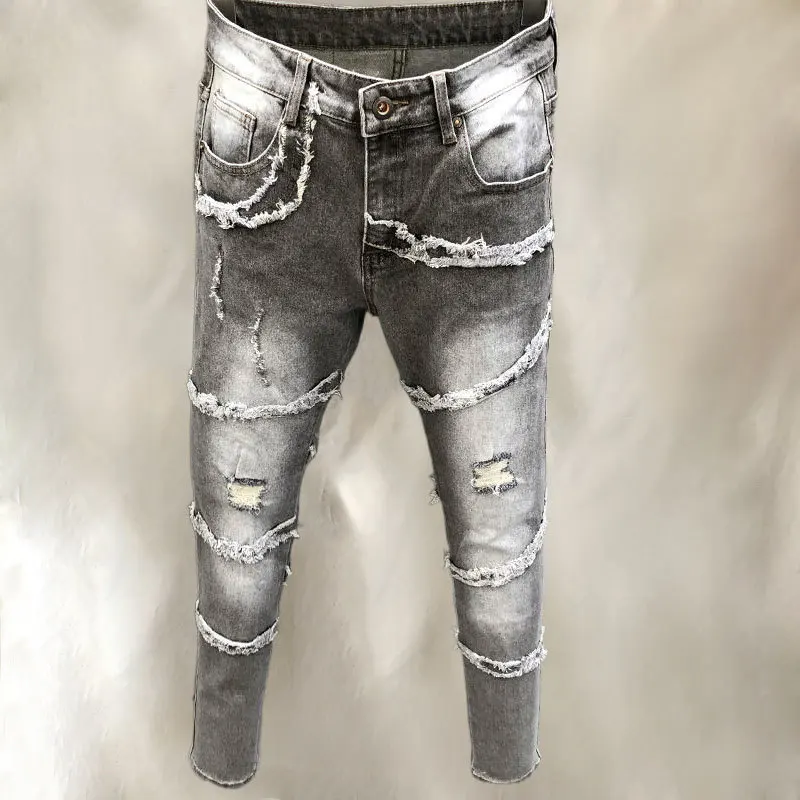 הגברים קרעו ג 'ינס לגברים היפ הופ ג' ינס סקיני Spijkerbroeken ארן חור ג 'ינס נואר Homme גברים בגדים קטן ישר ג' ינס
