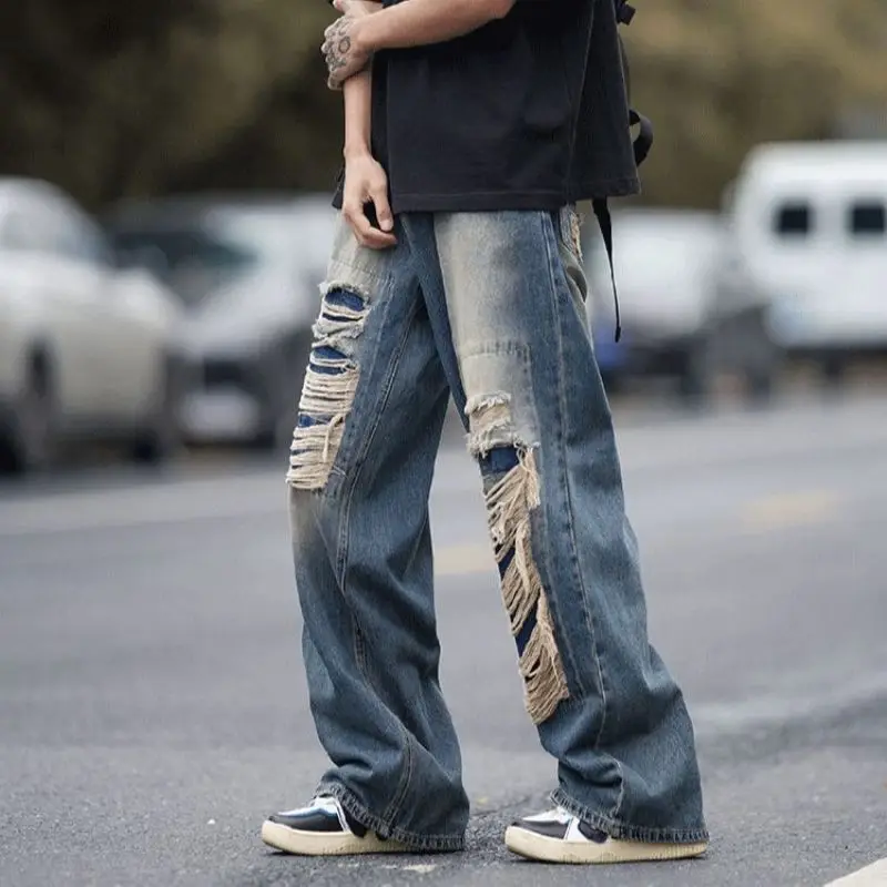 היפ הופ אישיות קרע ג 'ינס הגירסה הקוריאנית מגמת אופנה חופשי צדדי ג' ינס של גברים סגנון ג ' ינס מתאים סוג המותניים אורך סוג