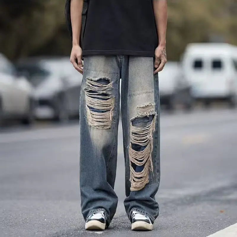 היפ הופ אישיות קרע ג 'ינס הגירסה הקוריאנית מגמת אופנה חופשי צדדי ג' ינס של גברים סגנון ג ' ינס מתאים סוג המותניים אורך סוג