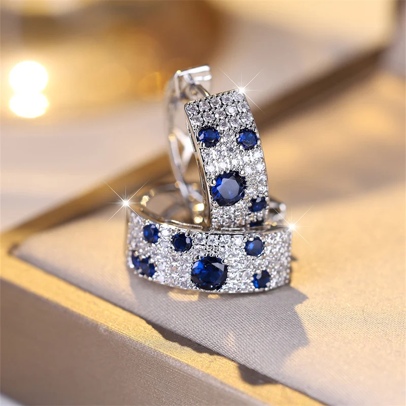 הנסיכה דיאנה כחול זירקון יוקרה קריסטל זעירים עגילי חישוק אופנתיים מכסף צבע מהמם עגילים לנשים תכשיטים לחתונה מתנה