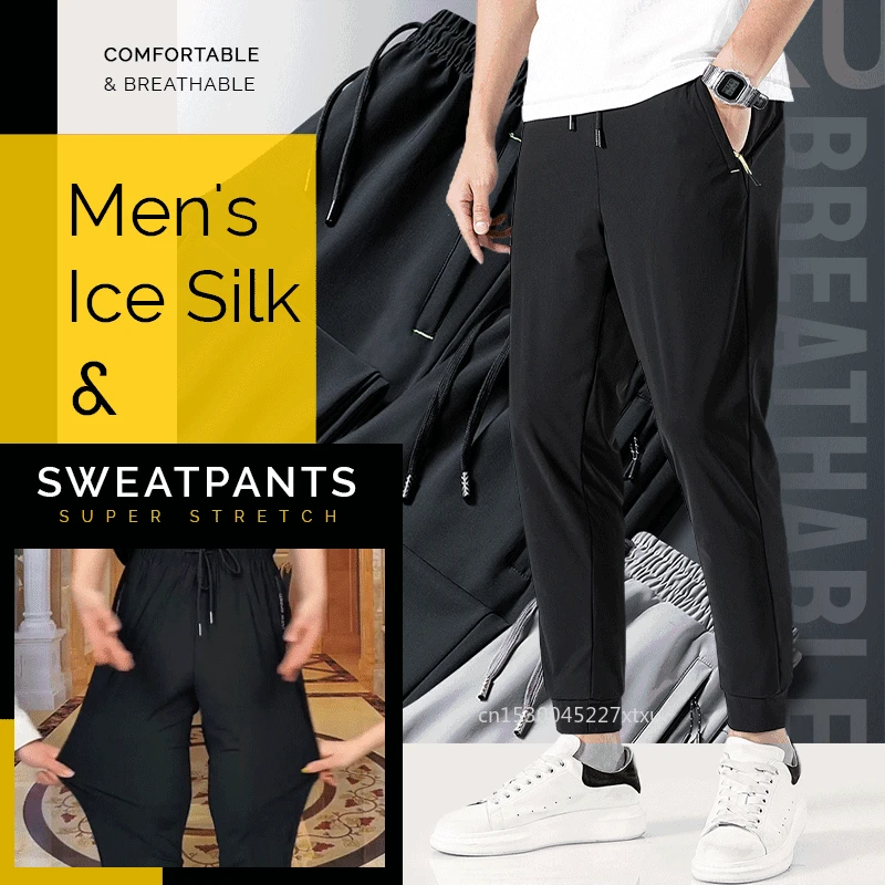 הקיץ של הגברים קרח משי טרנינג קליל אצן מכנסיים דק ריצה ספורט מהיר ייבוש מכנסיים טרנינג קירור חופשי-Fit