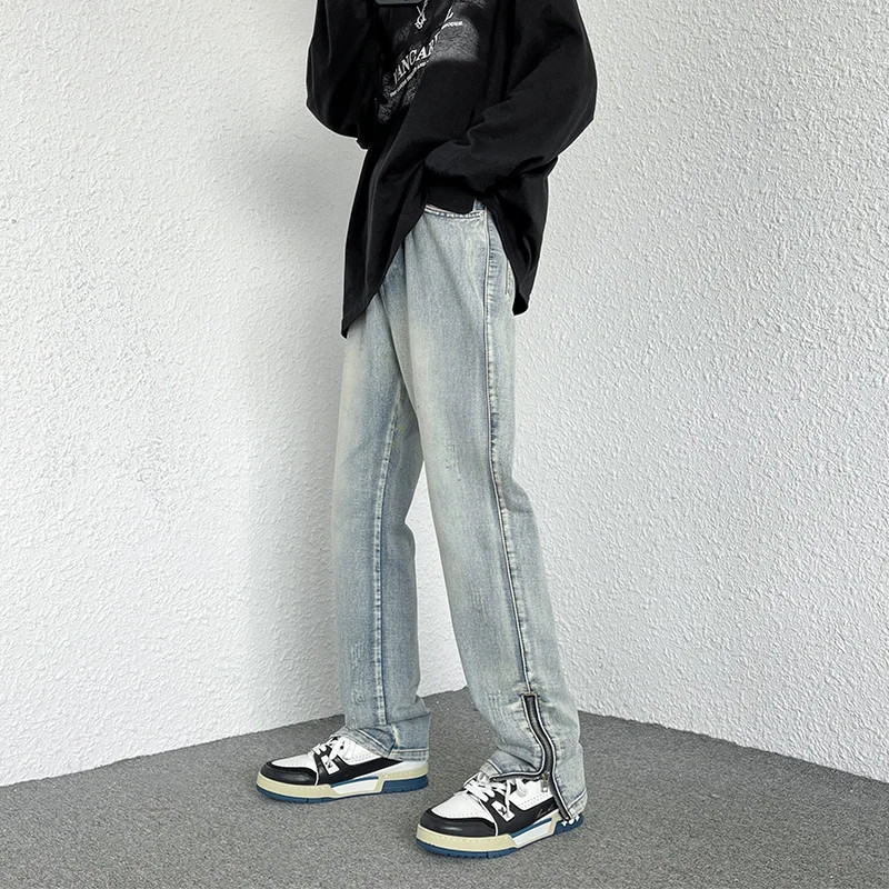 חדש לגברים רגל רוכסן פיצול ג ' ינס קוריאה אופנת רחוב היפ הופ חופשי צינור ישרה אמריקאי נוסע מיקרו קרן מכנסיים שחורים רצים