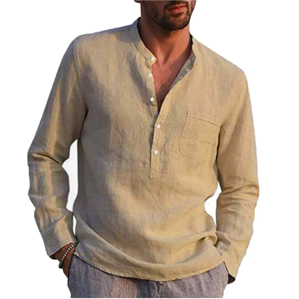 חמה למכירה גברים שרוול ארוך חולצות קיץ אביב מוצק צבע בעמידה צווארון החוף מזדמנים חולצת פשתן זכר בגדים