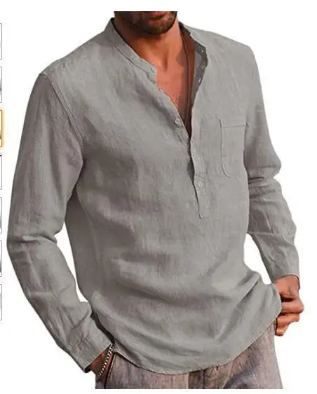 חמה למכירה גברים שרוול ארוך חולצות קיץ אביב מוצק צבע בעמידה צווארון החוף מזדמנים חולצת פשתן זכר בגדים