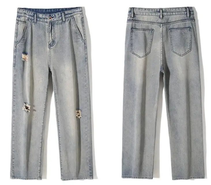 רחב הרגל ג 'ינס גברים מכנסיים רחבים ישר רופף רטרו ג' ינס מכנסיים אופנת רחוב חור ג ' ינס גודל 28-38